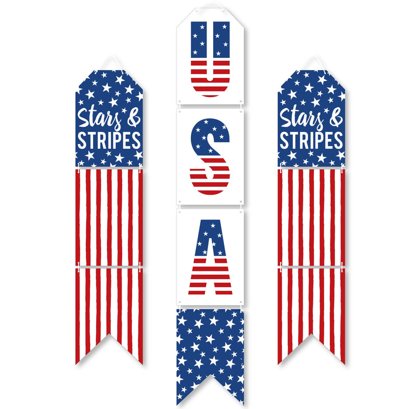 Stars & Stripes - Hanging Vertical Paper Door Banners - Memorial Day, 4th of July and Labor Day USA Patriotic Party Wall Decoration Kit - Indoor Door Decor