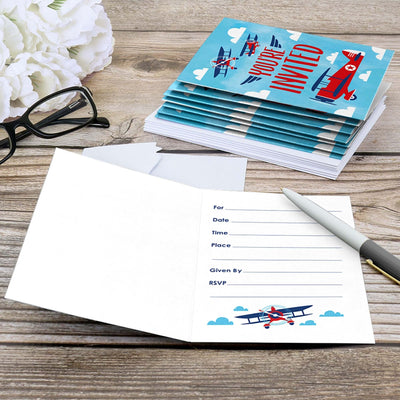 Taking Flight - Airplane - Fill In Vintage Plane Baby Shower or Birthday Party Invitations - 8 ct