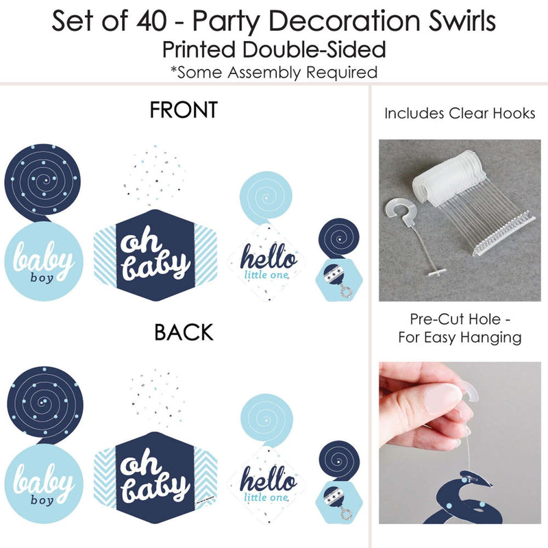 Hello Little One - Blue and Silver - Boy Baby Shower Hanging Decor - Party Decoration Swirls - Set of 40