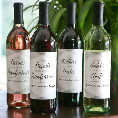 Family Pregnancy Announcement Decorations for Women and Men - Wine Bottle Labels - Set of 4