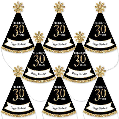 Adult 30th Birthday - Gold - Mini Cone Birthday Party Hats - Small Little Party Hats - Set of 8