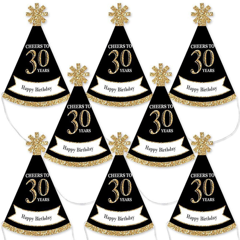 Adult 30th Birthday - Gold - Mini Cone Birthday Party Hats - Small Little Party Hats - Set of 8