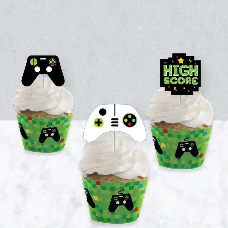 Game Zone - Cupcake Decoration - Pixel Video Game Party or Birthday Party Cupcake Wrappers and Treat Picks Kit - Set of 24