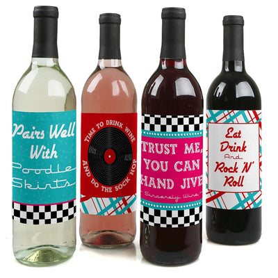 50's Sock Hop - 1950s Rock N Roll Party Decorations for Women and Men - Wine Bottle Label Stickers - Set of 4