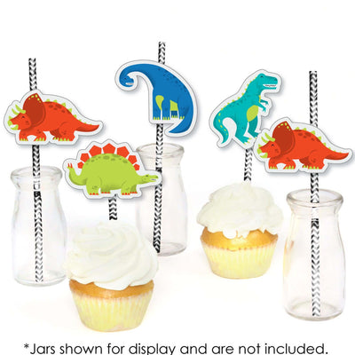 Roar Dinosaur - Paper Straw Decor - Dino Mite T-Rex Baby Shower or Birthday Party Striped Decorative Straws - Set of 24