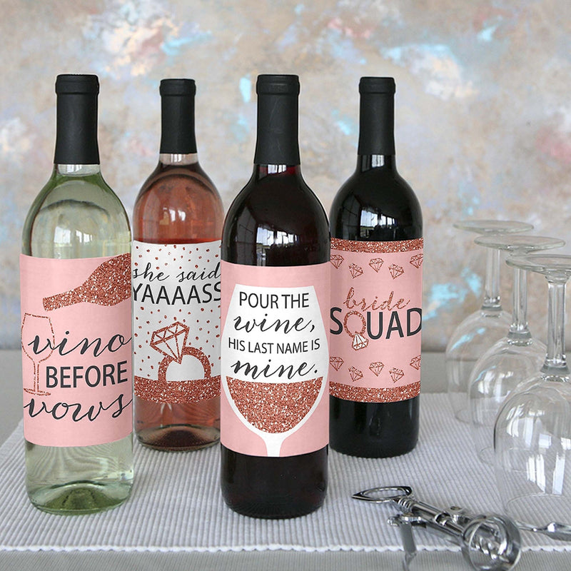 Bride Squad - Rose Gold Bridal Shower or Bachelorette Party Decorations for Women - Wine Bottle Label Stickers - Set of 4