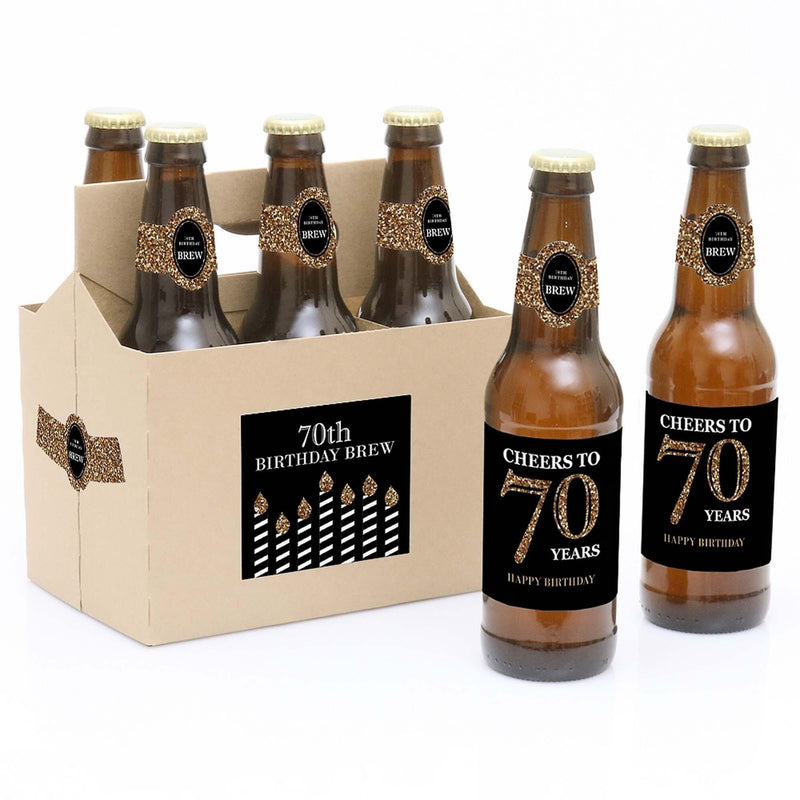 Adult 70th Birthday - Gold - Decorations for Women and Men - 6 Beer Bottle Labels and 1 Carrier - Birthday Gift