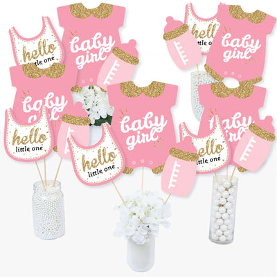 Hello Little One - Pink and Gold - Girl Baby Shower Party Centerpiece Sticks - Table Toppers - Set of 15