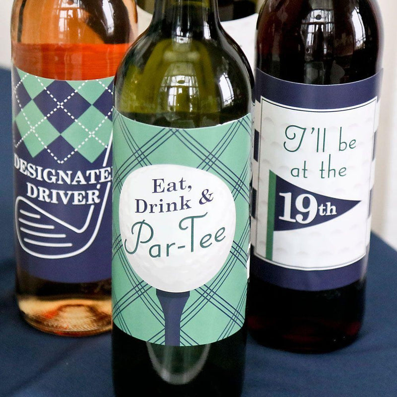 Par-Tee Time - Golf - Birthday or Retirement Party Decorations for Women and Men - Wine Bottle Label Stickers - Set of 4