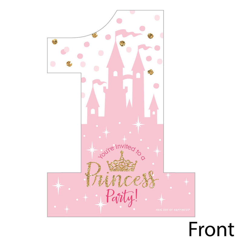 1st Birthday Little Princess Crown - Shaped Fill-In Invitations - Pink and Gold Princess First Birthday Party Invitation Cards with Envelopes - Set of 12