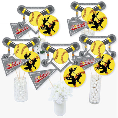 Grand Slam - Fastpitch Softball - Birthday Party or Baby Shower Centerpiece Sticks - Table Toppers - Set of 15