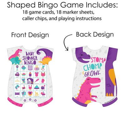 Roar Dinosaur Girl - Picture Bingo Cards and Markers - Dino Mite Trex Baby Shower Shaped Bingo Game - Set of 18