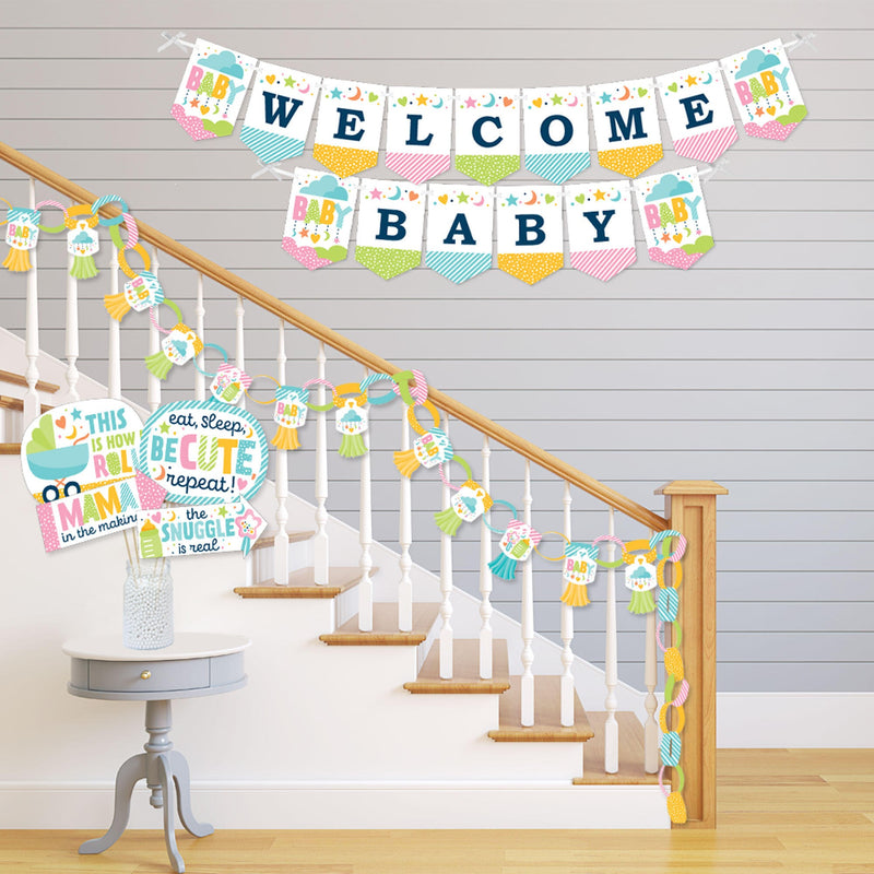 Colorful Baby Shower - Banner and Photo Booth Decorations - Gender Neutral Party Supplies Kit - Doterrific Bundle