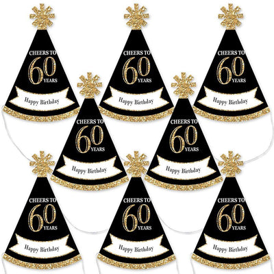 Adult 60th Birthday - Gold - Mini Cone Birthday Party Hats - Small Little Party Hats - Set of 8