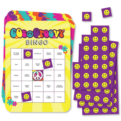 60's Hippie - Bar Bingo Cards and Markers - 1960s Groovy Party Bingo Game - Set of 18
