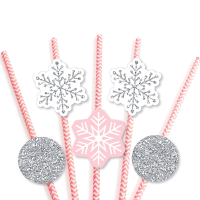 Pink Winter Wonderland - Paper Straw Decor - Holiday Snowflake Birthday Party and Baby Shower Party Striped Decorative Straws - Set of 24