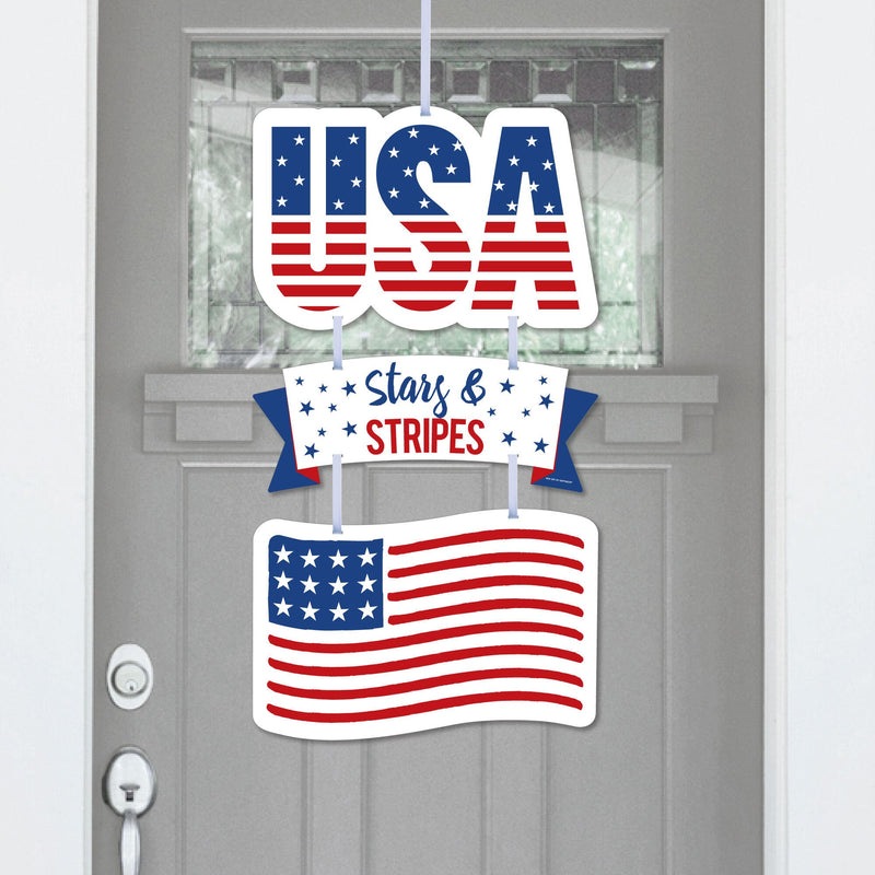 Stars & Stripes - Hanging Porch Memorial Day, 4th of July and Labor Day USA Patriotic Party Outdoor Decorations - Front Door Decor - 3 Piece Sign