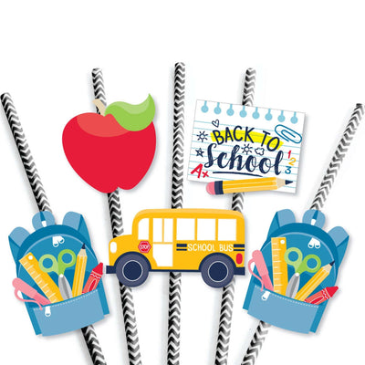 Back to School - Paper Straw Decor - First Day of School Classroom Striped Decorative Straws - Set of 24
