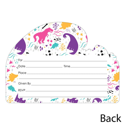 Roar Dinosaur Girl - Shaped Fill-In Invitations - Dino Mite T-Rex Baby Shower or Birthday Party Invitation Cards with Envelopes - Set of 12
