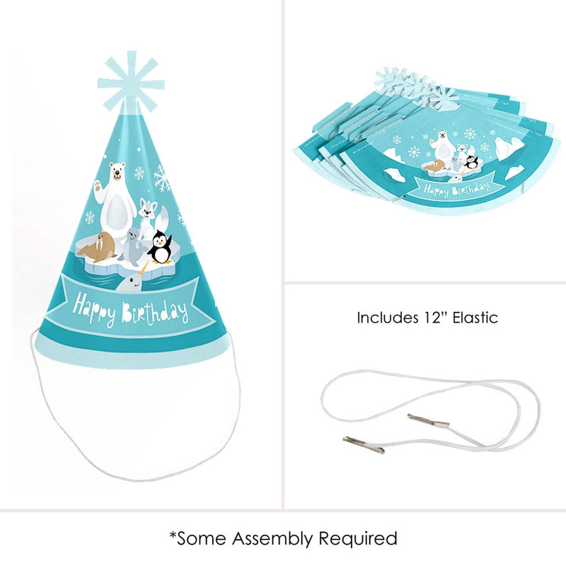 Arctic Polar Animals - Cone Happy Birthday Party Hats for Kids and Adults - Set of 8 (Standard Size)