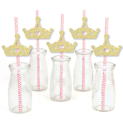 Gold Glitter Princess Crown Party Straws - No-Mess Real Gold Glitter Cut-Outs and Decorative Pink and Gold Princess Baby Shower or Birthday Party Paper Straws - Set of 24