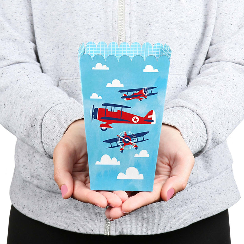 Taking Flight - Airplane - Vintage Plane Baby Shower or Birthday Party Favor Popcorn Treat Boxes - Set of 12