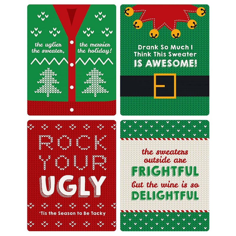 Ugly Sweater - Holiday and Christmas Decorations for Women and Men - Wine Bottle Label Stickers - Set of 4