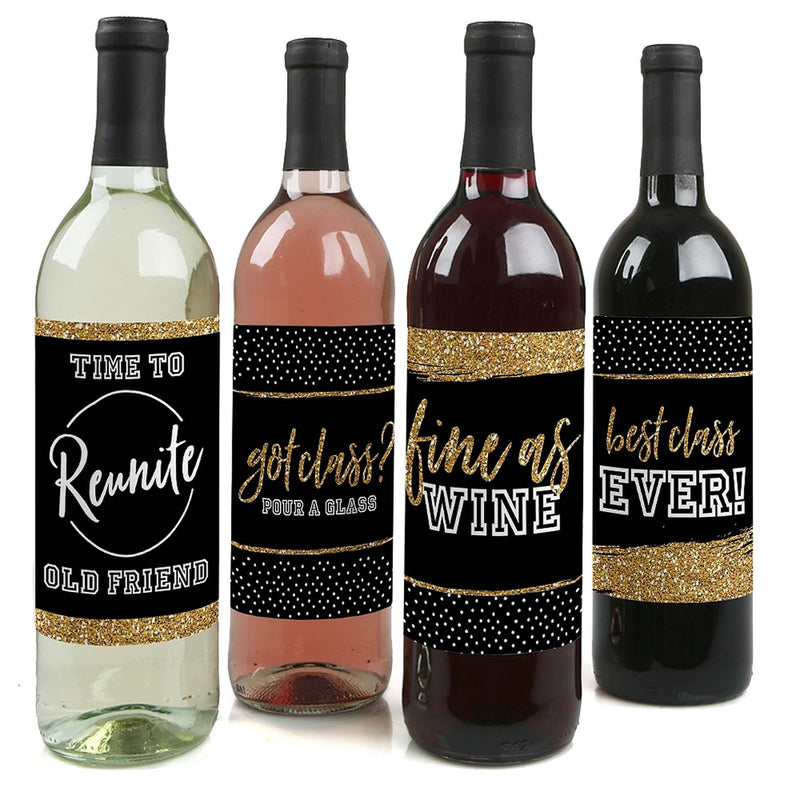 Reunited - School Class Reunion Party Decorations for Women and Men - Wine Bottle Label Stickers - Set of 4