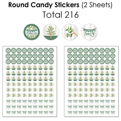 Family Tree Reunion - Mini Candy Bar Wrappers, Round Candy Stickers and Circle Stickers - Family Gathering Party Candy Favor Sticker Kit - 304 Pieces
