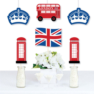 Cheerio, London - Union Jack Flag, Double-Decker Bus, Crown and Red Telephone Booth Decorations Diy British UK Party Essentials - Set of 20