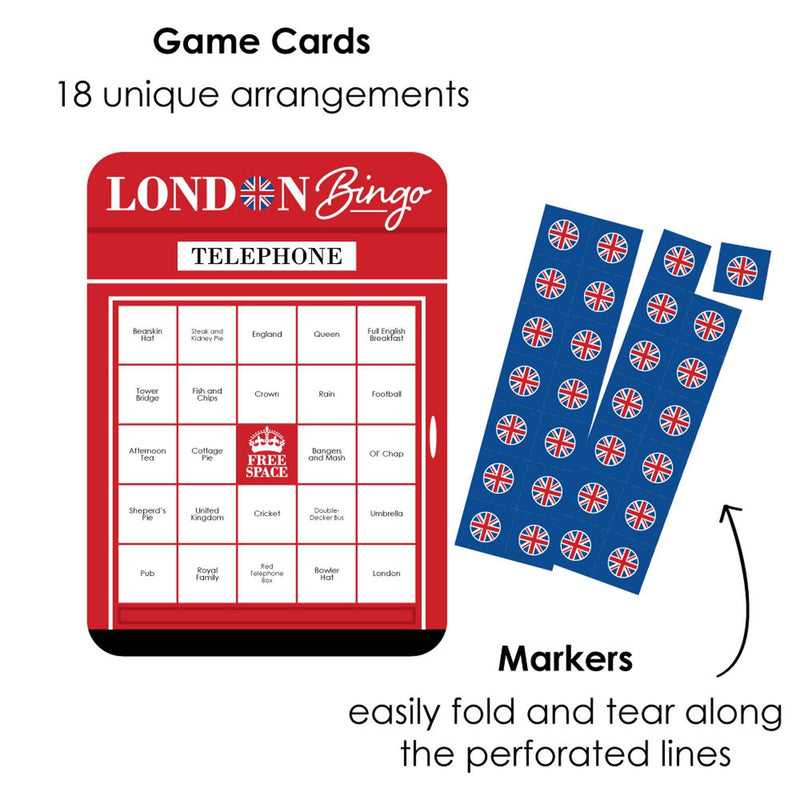 Cheerio, London - Bingo Cards and Markers - British UK Party Shaped Bingo Game - Set of 18