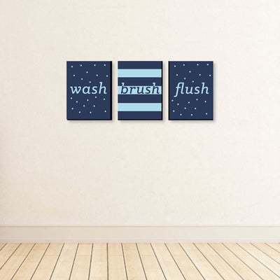 Boy - Blue and Navy - Kids Bathroom Rules Wall Art - 7.5 x 10 inches - Set of 3 Signs - Wash, Brush, Flush