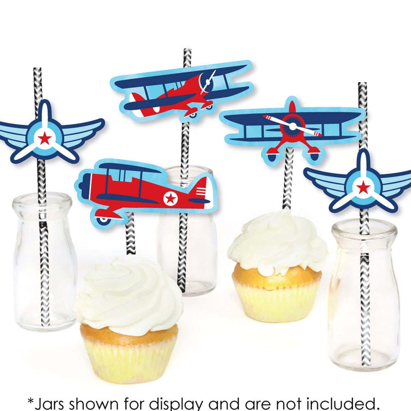 Taking Flight - Airplane - Paper Straw Decor - Vintage Plane Baby Shower or Birthday Party Striped Decorative Straws - Set of 24