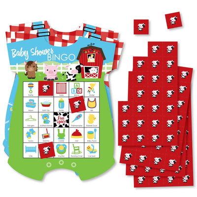 Farm Animals - Picture Bingo Cards and Markers - Barnyard Baby Shower Shaped Bingo Game - Set of 18