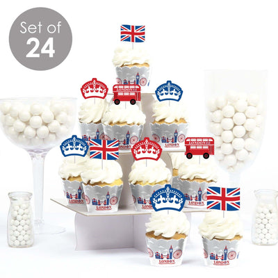 Cheerio, London - Cupcake Decorations - British UK Party Cupcake Wrappers and Treat Picks Kit - Set of 24