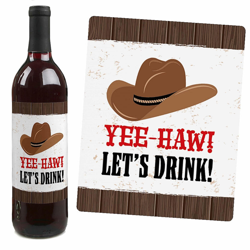 Western Hoedown - Wild West Cowboy Party Decorations for Women and Men - Wine Bottle Label Stickers - Set of 4