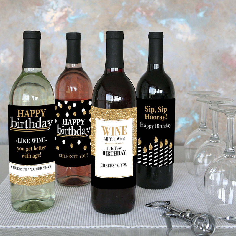 Adult Happy Birthday - Gold - Decorations for Women and Men - Wine Bottle Label Birthday Party Gift - Set of 4