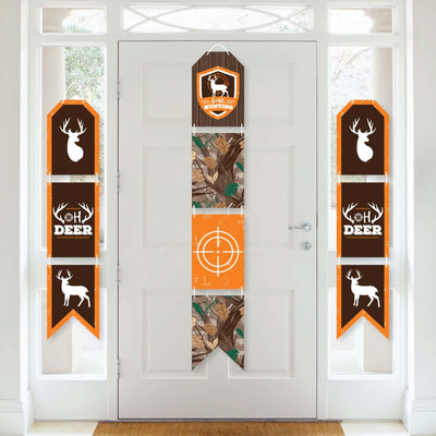Gone Hunting - Hanging Vertical Paper Door Banners - Deer Hunting Camo Baby Shower or Birthday Party Wall Decoration Kit - Indoor Door Decor