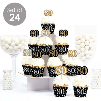 Adult 80th Birthday - Gold - Cupcake Decorations - Birthday Party Cupcake Wrappers and Treat Picks Kit - Set of 24