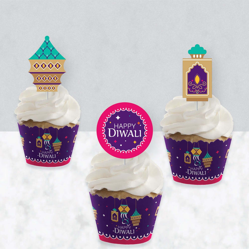 Happy Diwali - Cupcake Decorations - Festival of Lights Party Cupcake Wrappers and Treat Picks Kit - Set of 24