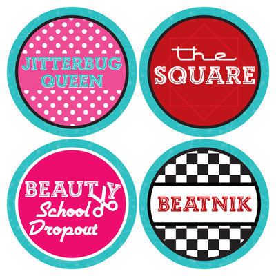 50's Sock Hop - 1950s Rock N Roll Party Funny Name Tags - Party Badges Sticker Set of 12