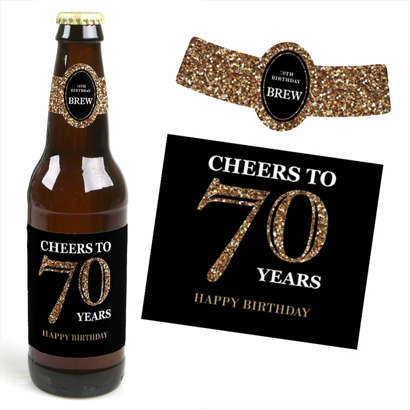 Adult 70th Birthday - Gold - Decorations for Women and Men - 6 Beer Bottle Labels and 1 Carrier - Birthday Gift