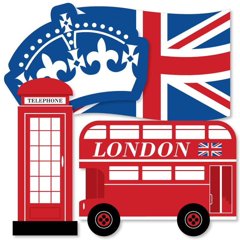 Cheerio, London - Union Jack Flag, Double-Decker Bus, Crown and Red Telephone Booth Decorations Diy British UK Party Essentials - Set of 20