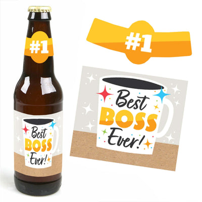 Happy Boss's Day - Best Boss Ever Decorations for Women and Men - 6 Beer Bottle Label Stickers and 1 Carrier