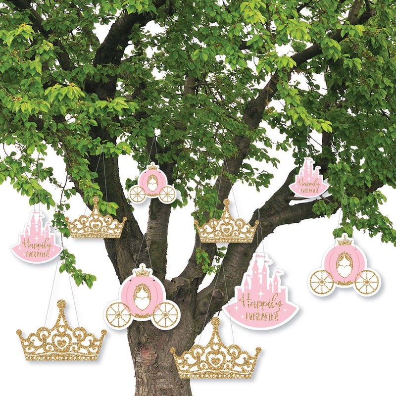 Hanging Little Princess Crown - Outdoor Pink and Gold Princess Baby Shower or Birthday Party Hanging Porch & Tree Yard Decorations - 10 Pieces