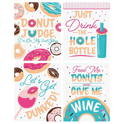 Donut Worry, Let's Party - Doughnut Party Decorations for Women and Men - Wine Bottle Label Stickers - Set of 4