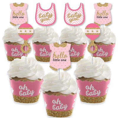Hello Little One - Pink and Gold - Cupcake Decorations - Girl Baby Shower Cupcake Wrappers and Treat Picks Kit - Set of 24