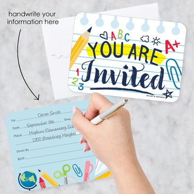 Back to School - Shaped Fill-In Invitations - First Day of School Classroom Invitation Cards with Envelopes - Set of 12