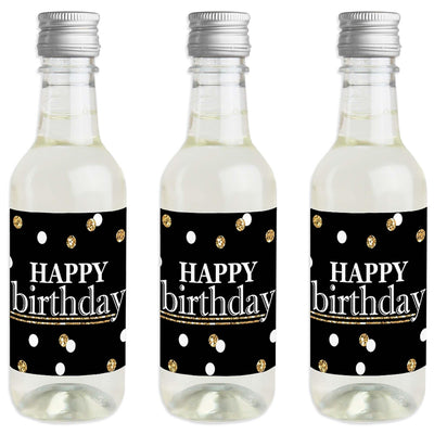 Adult Happy Birthday - Gold - Mini Wine and Champagne Bottle Label Stickers - Birthday Party Favor Gift - For Women and Men - Set of 16