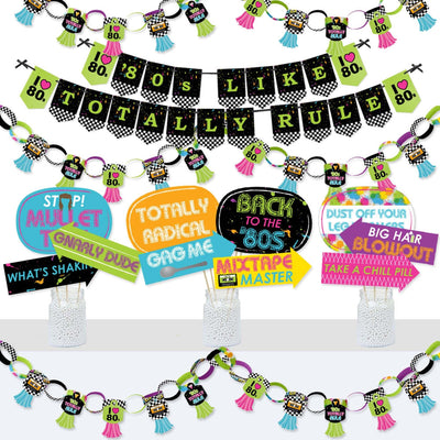 80's Retro - Banner and Photo Booth Decorations - Totally 1980s Party Supplies Kit - Doterrific Bundle
